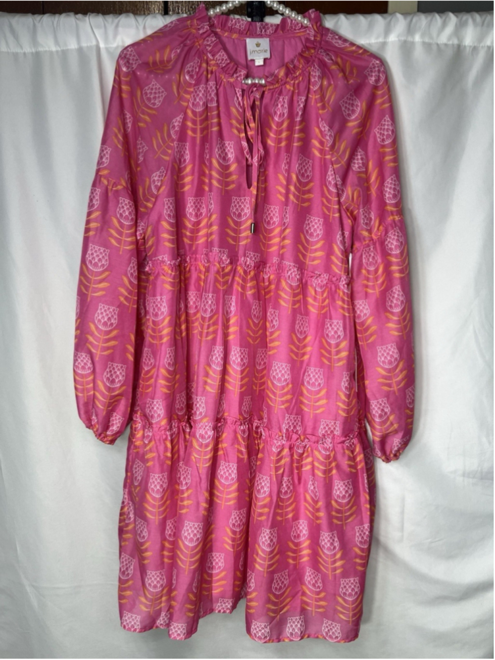 J. Marie Embroidered Tiered Dress Pink Ruffle Cottagecore Floral L Flowy Boho
